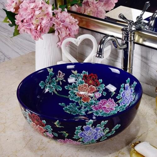 Peony Blue Europe Vintage Style Art wash basin Ceramic Counter Top Wash Basin Bathroom Sinks washing basin