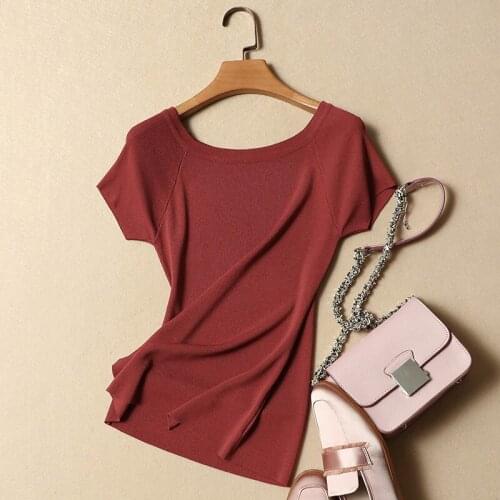 Spring Summer 2020 New Design Women Silk Knitted T-Shirts Slim Smooth Elegant T-Shirt Outwear Tops Work Clothing