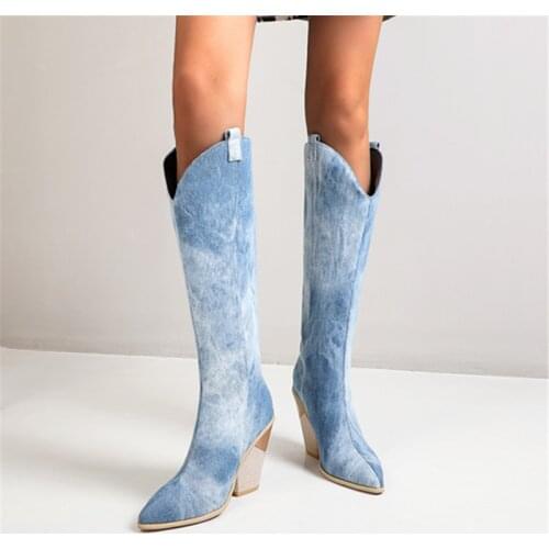Blue white Faux Leather Women Knee High Boots Pointed Toe Boots Women Long Chunky Block High Heel Boots Western Cowboy Boots
