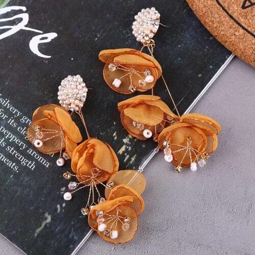 ZA Earring Bohemian Orange Mesh Lace Yarn Flower Drop Earrings For Women Luxury Crystal Pearl Statement Dangle Earring Jewelry