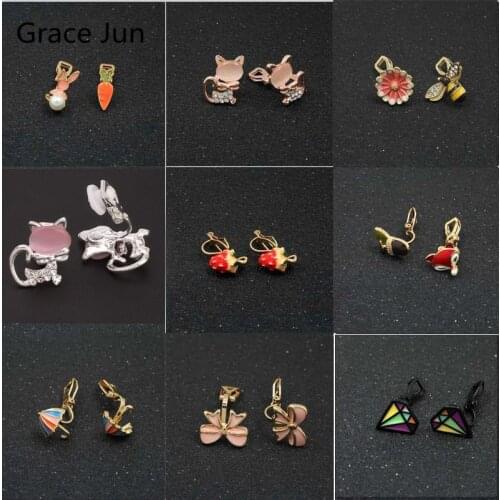 GRACE JUN High Quality Cartoon Enamel Rhinestone Clip on Earrings for Women Party Prom Charm Ear Clip Factory Wholesale Price