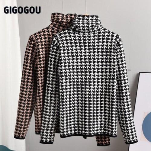 GIGOGOU Houndstooth Design Women Turtleneck Sweaters Autumn Winter Warm Knit Pullovers Top Soft Jumper Pull Femme Clothing