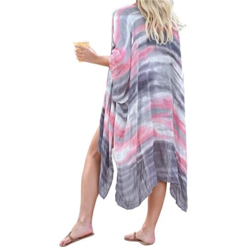 Summer Women Bikini Cover Up Chiffon Dress Women Striped Splicing Half Sleeve Long Cardigan Holiday Vacation Ropa De Playa