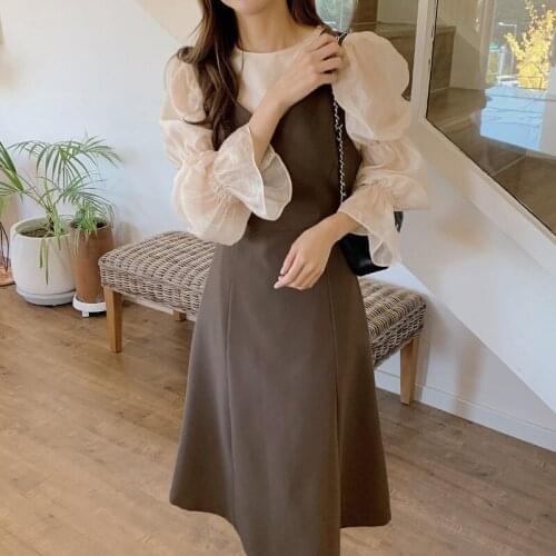 2021 Spring Shirts Chic Puff Long Sleeve Vintage O Neck Blouse Chic Vestidos Cute Sleeveless Dresses Sweet Girls A Line Dress