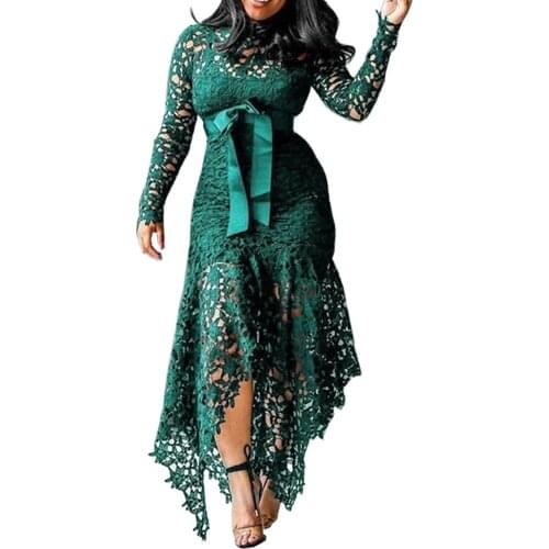 2021 Lace Floral Hollow Out Dress Women Long Sleeve Fashion Ruched Neck Dress Party Formal High Waist Maxi Irregular Hem Dress