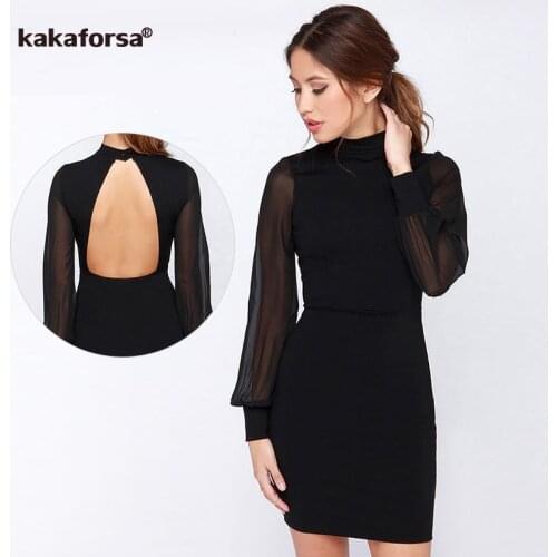 Kakaforsa Women Sexy Backless White Dress Fashion Plus Size Slim Fit Bodycon Short Dress Long Sleeve O-Neck Mini Party Dresses