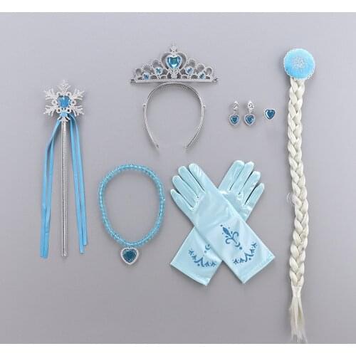 Elsa Princess Accessories Gloves Wand Crown Jewelry Set Elsa Wig Braid for Princess Dress Clothing Cosplay Dress Up Snowflake