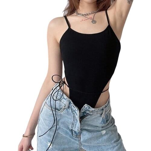 Solid Color Ribbed Spaghetti Straps Tied High-Waist Slim Women Summer Bodysuit Sexy Backless Frenulum