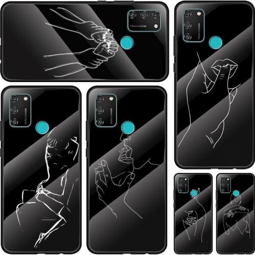 Black Line Couple Tempered Glass Cover For Honor 30 20 10 9X 8X Lite Pro Plus Silicone Phone Case Coque Shell