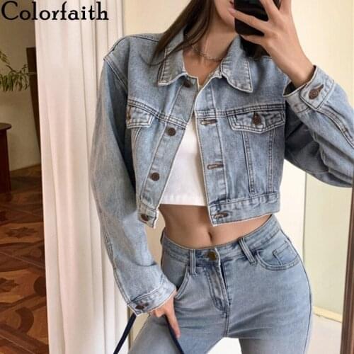 Colorfaith New 2021 Y2K Spring Autumn Womens Denim Jeans Jackets Oversized Wild Streetwear Fashionable Lady Short Tops JK4342