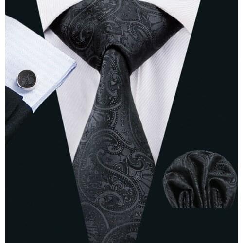 FA-1494 2018 Barry.Wang Designer Ties For Men Gray Paisley Fashion Neckties Hanky Cufflinks Set For Wedding Party Free Shipping