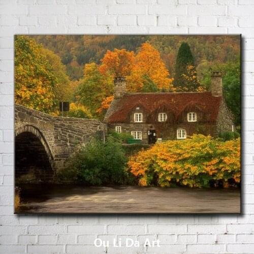 Stone bridge house autumn landscape canvas printings oil painting printed on canvas home wall art decoration pictures