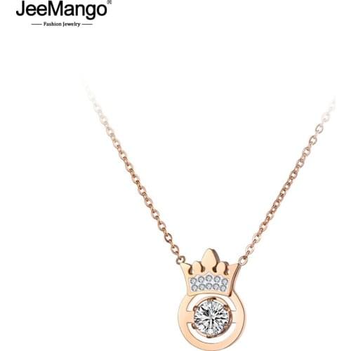 JeeMango Classic AAA CZ Crystal Crown Pendant Necklace Rose Gold Stainless Steel Wedding Neckalce Jewelry For Women Gift JN19036