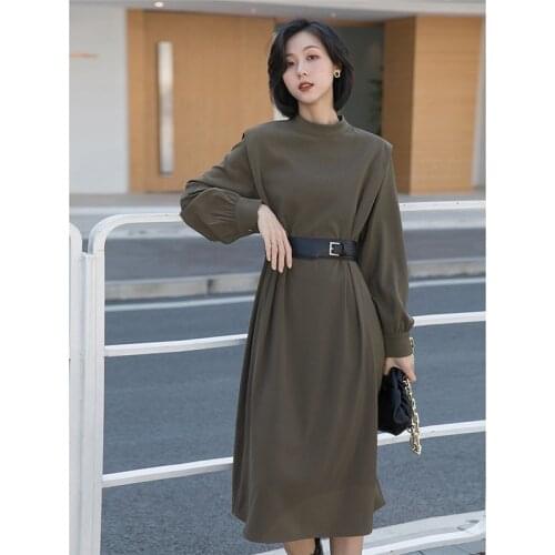 LMQ NEW Women Korean Version Of the Autumn Winter High Quality Fashion High Waist Plus Velvet Long-Sleeved Waist Dress Send Belt