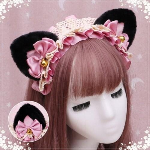 Lolita Cosplay Animal Headband Plush Ears Ruffled Lace Bow Bell Hair Hoop XX9D