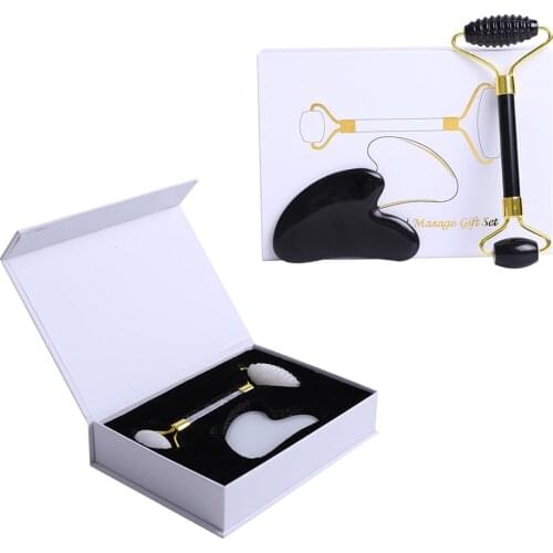 Face Massager Gouache Scraper White Crystal Jade Roller Set Black Obsidian Facial Massage Heart-shaped Natural Stone Gua Sha kit