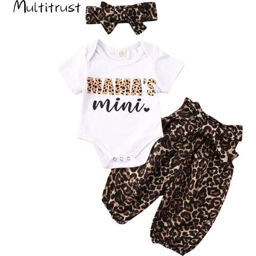 Multitrust 3Pcs Newborn Baby Girls Boys Clothes Sets Letter Leopard Print Short Sleeve Romper Tops+Pants+Headband