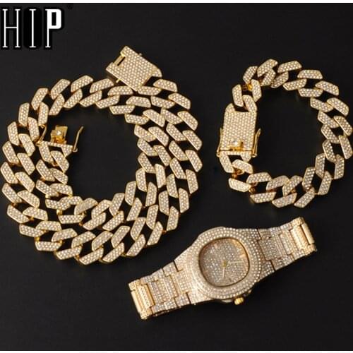 Hip Hop 20MM 3PCS KIT Watch+Necklace+Bracelet Bling AAA+ Iced Out Alloy Rhinestones Prong Cuban Link Chains For Men Jewelry