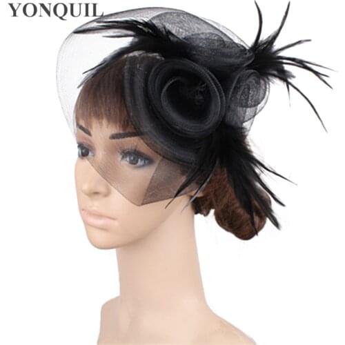 Nylon Fashion Bride Wedding Headwear Elegant Ladies Fascinator Black Hat Tulle Headdress Fancy Feather Flower Hair Accessories