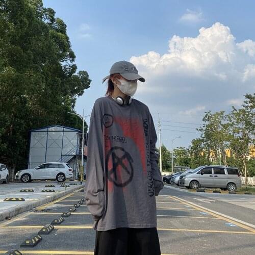 EukaaRu Autumn Men Clothing Graffiti Print Long Sleeve T Shirt Men Loose Oversize Tshirts High Street Fashion Women Tops Tee