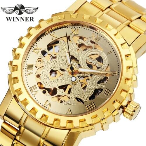 WINNER Official Brand Luxury Watch Men Golden Automatic Mechanical Wristwatch Stainless Steel Strap Royal Business Male Clock