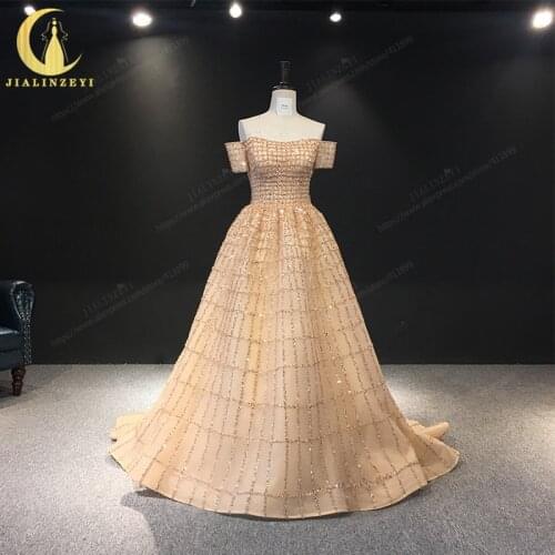 JIALINZEYI Real Image Luxurious Boat Neck Chapagne Beads Court Trian robe de soiree Formal Dresses Evening Dress 2019