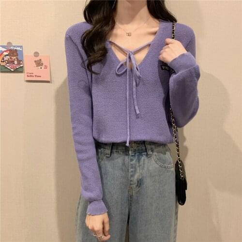 V-Neck Knitted Long Sleeve Spring Autumn New Korean Fashion Casual T Shirt Women All Match Elegant Tops Tee Shirt Femme Clothing