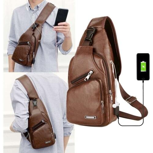 Mens Chest Bag Usb Charging Crossbody Bags Pu Leather Shoulder Bag Diagonal Package Back Pack Travel Outdoors Messenger Pouch