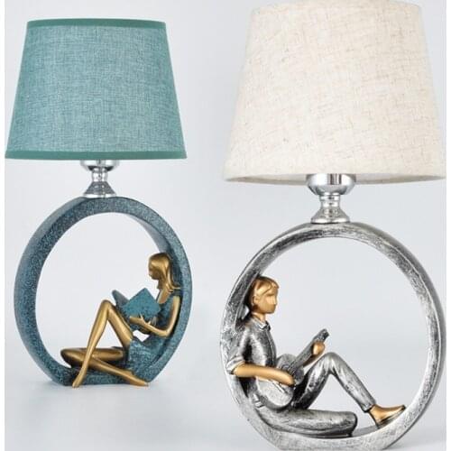 Read Lady Resin Table Lamps Bedroom Bedside Lamp Warm Living Room Nordic Style Home Deco Study Desk Lights Fabric Shade Fixtures