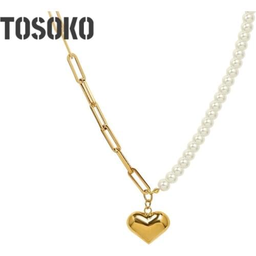 TOSOKO Stainless Steel Jewelry Pearl Necklace Female Sweet Imitation Pearl Peach Heart Chain BSP1009