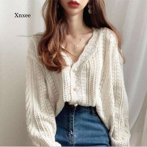 Spring Chic Hollow Cropped Cardigan Women Elegant V-Neck Korean Vintage Femme Jumper White Sweet Girls Pearls Lady Knitwear Tops
