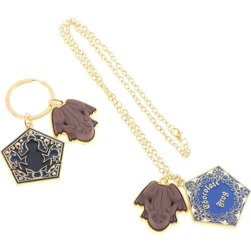 Magic School Keyring Fantastic Beasts Chocolate Frog Gold Metal Pendant Keychain Necklace Chain Ornament Cosplay Jewelry