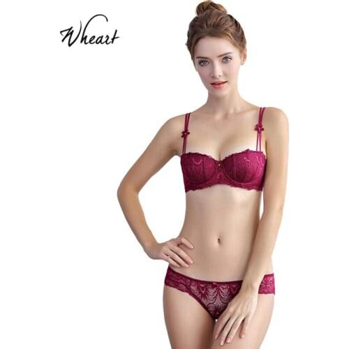 Wasteheart Women Fashion Red Sexy Lingerie Padded Bra Half Cup Lace Cotton Panties Push Up Bra Sets Plus Size Underwear