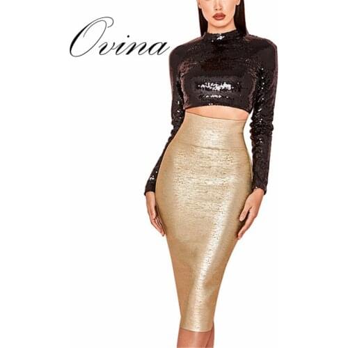 High Quality Gold Stamping Women Skirts Pencil Over Knee Bodycon Rayon Bandage Skirts High Quality