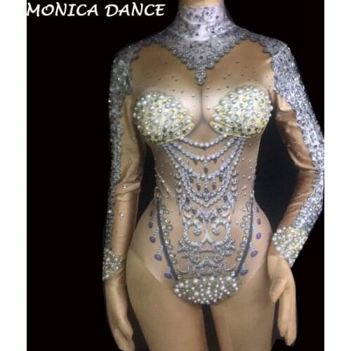Women Nightclub Stage Pearl Costume Singers Bodysuit Sparkling Crystals Bodysuit Bling Womens Outfit Birthday Celebrate Costume