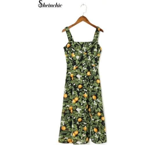 Runway Designers Fruit Printed Woman Dress 2021 Summer Bohemian Sexy Spaghetti Strap Midi Dress Female