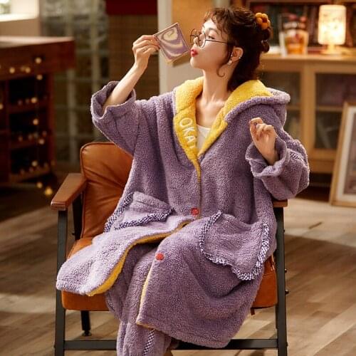 Winter Pajamas Coral Fleece Pyjamas Women Sleepwear Loose Version Intensification Hooded Medium Style Plus Size Flannel Nighty