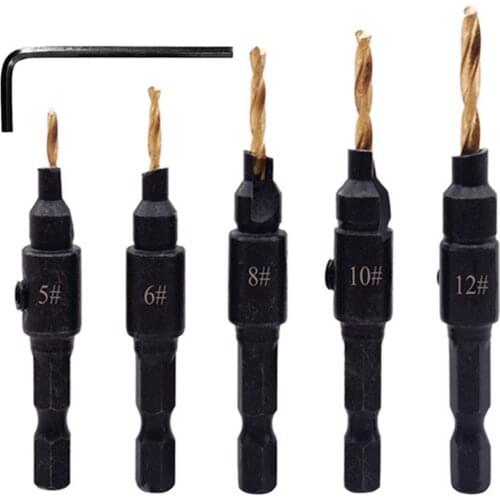 5Pcs Countersink Drill Bits 1/4 Inch Hex Shank + 1Pc Hex Key Metal Woodworking Screw Holes
