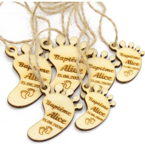 50pcs Personalized Engraved Rustic Christening Wooden Feet Shape tags,Welcome Bag Tag, Custom Bride Baptism Label Gifts Tags