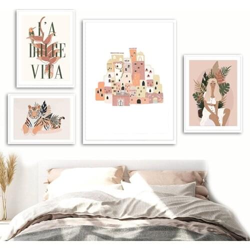 Bohemian Tiger Castle Flower Woman Papaya Wall Art Canvas Painting Nordic Posters And Prints Wall Pictures For Living Room Decor