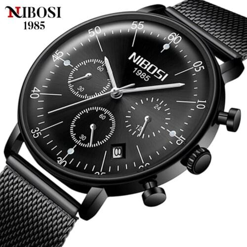 NIBOSI Curved Mirror Men Watches Top Luxury Brand Mesh Belt Wristwatch Waterproof Chronograph Auto Date Clock Relogio Masculino