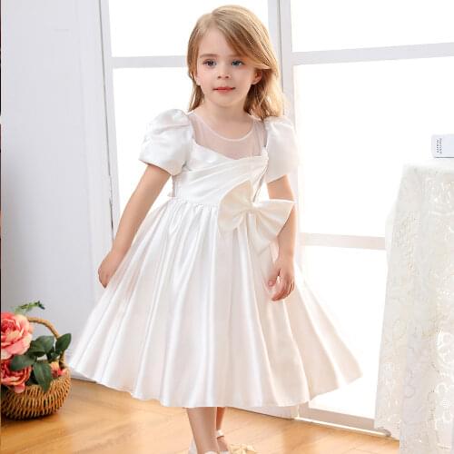 Girl birthday party Long solid color prom princess dress 2021 Simple satin puff sleeve wedding dress for Girls clothing