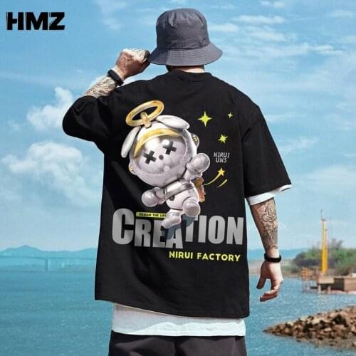 HMZ Summer Oversize Tshirt Cartoon Rabbit Astronaut Half-sleeved T-shirt Men Tide Brand Trend Couple Tee Half-sleeved Streetwear