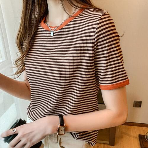 Foreign Style Round Neck Stripe Short Sleeve T-shirt Backing Shirt Womens Summer New Niche Design With Top Fashion