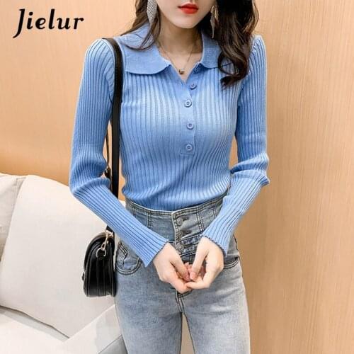 Jielur Fall Winter Lapel Single-breasted Lady Sweater Skinny Basic Bottoming Knit Sweater Female Blue White Black Korean Clothes