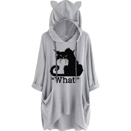 Kawaii Cat Ear Hoodies For Women Harajuku Black Cats Letters Printed Hooded Sweatshirt Cute Oversized Hoody With Pocket Outwear