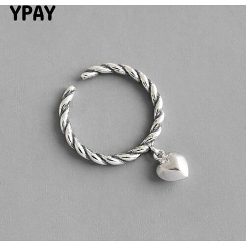 YPAY 100% Genuine 925 Sterling Silver Twisted Open Rings for Women Korea Do the Old Vintage Heart Pendant Ring Jewelry YMR1007