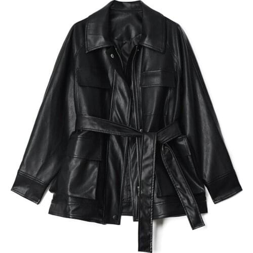 New Spring Leather Jacket Womens Motorcycle Mid-long Loose PU Jacket Autumn Female Casual Black PU Leather Coat NS1854