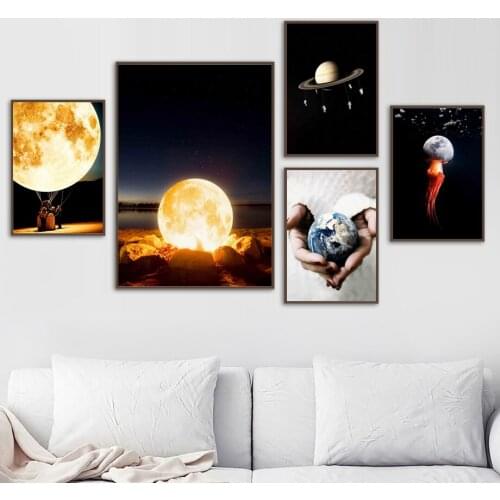 Moon Earth Saturn Mountain Astronaut Hand Wall Art Canvas Painting Nordic Posters And Prints Wall Pictures For Living Room Decor
