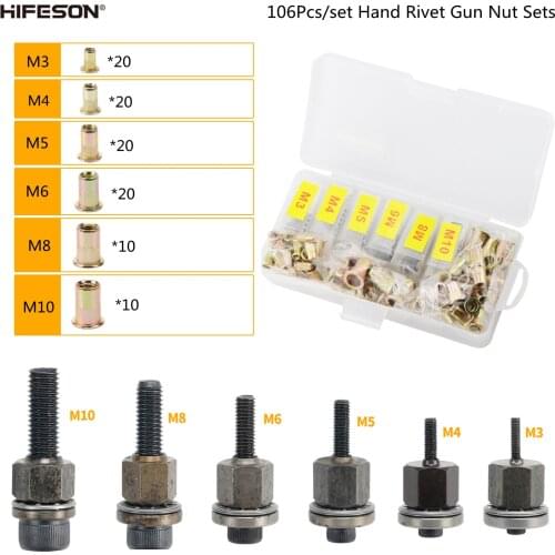 HIFESON 106Pcs/Set Hand Rivet Nut Gun Tool Sets For M3 M4 M5 M6 M8 M10 Riveter Of Sleeve Nuts Tools Riveting Nut Accessories